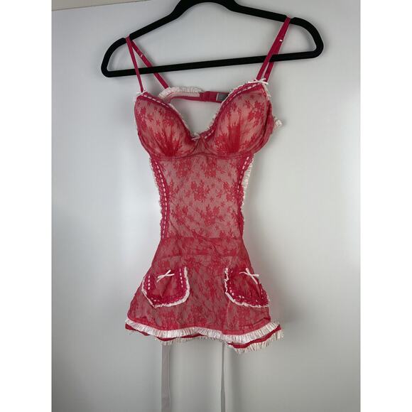 NWT Victoria’s Secret Maid Lingerie Teddy Red Mesh Lace Babydoll 34C Valentine - Picture 12 of 16